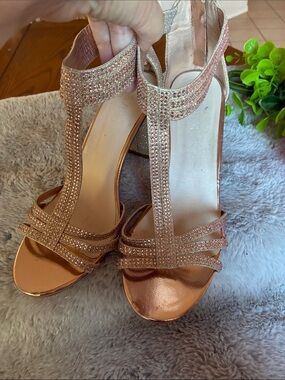 David's Bridal Rose Gold T-Strap Rhinestone Heels